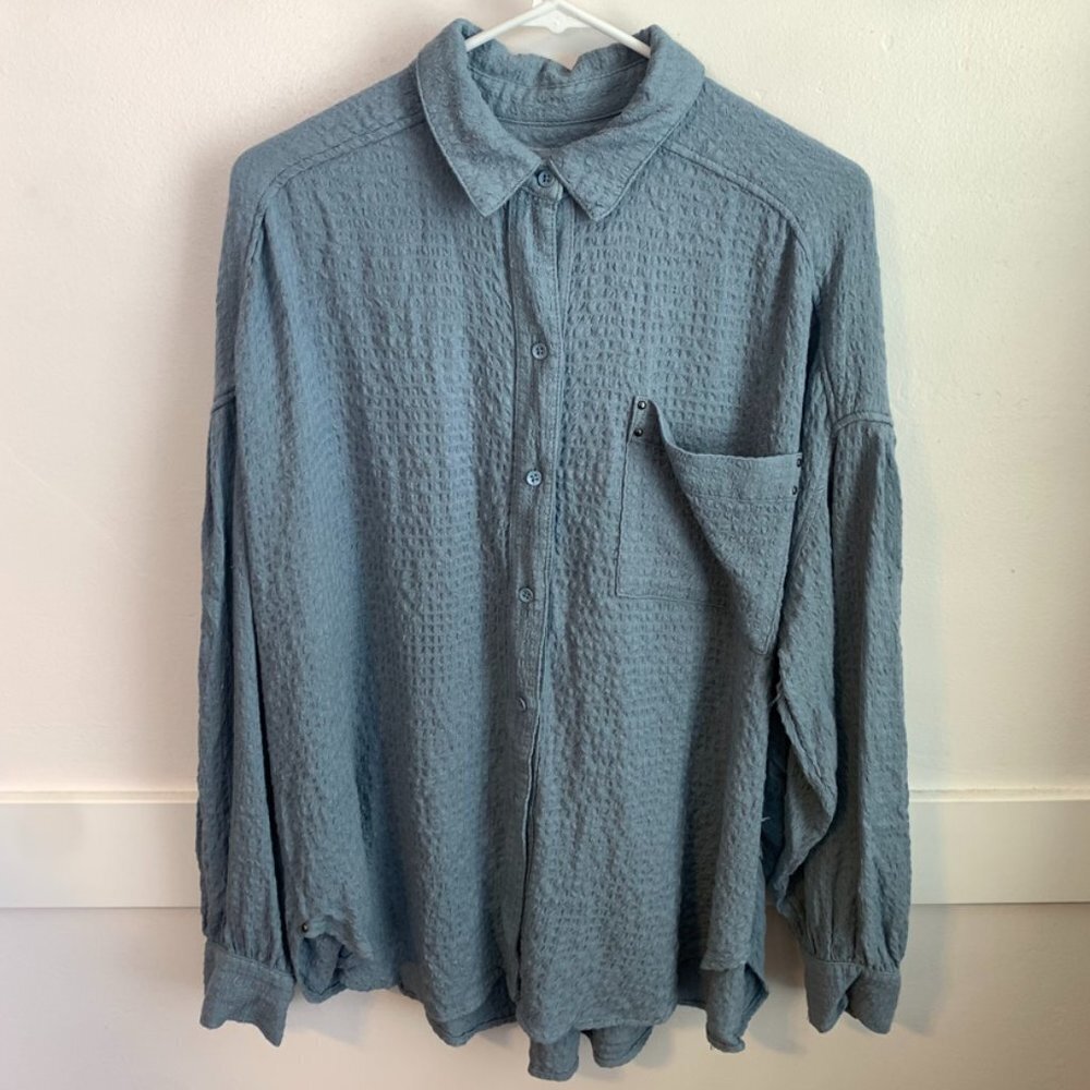 Free People Blue Solid Hidden Valley Button Down Long Sleeve Shirt - Picture 2 of 8